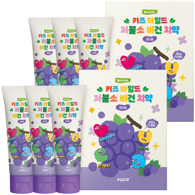 뷰카 키즈 마일드 저불소 비건치약 포도향, 80g, 6개