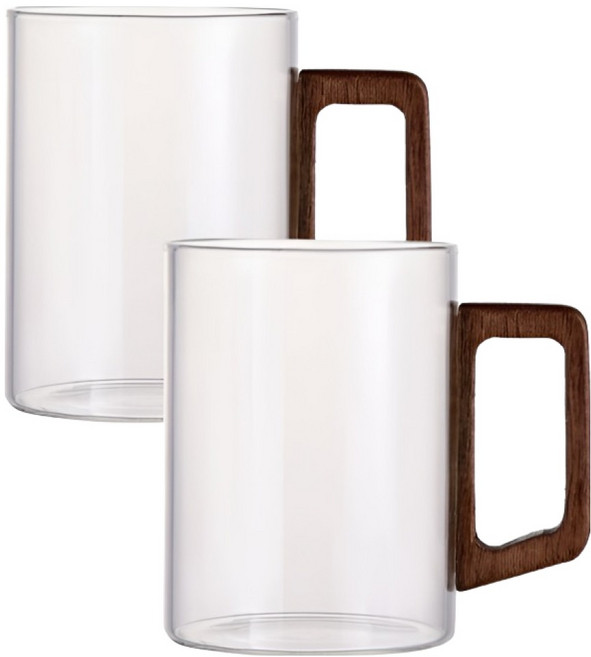 홈썸 우드 핸들 머그잔 400ml, 클리어, 2개