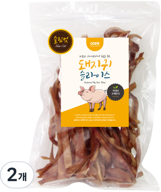 웁스 강아지 국내산 슬라이스 슬림컷 간식, 돼지귀, 150g, 2개