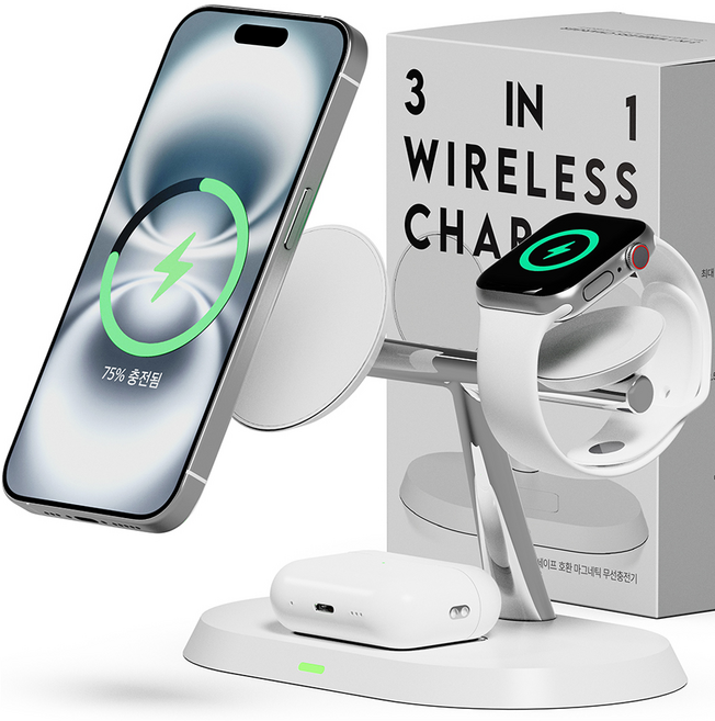 누아트 3in1 맥세이프 호환 마그네틱 무선충전기, 화이트, 1개