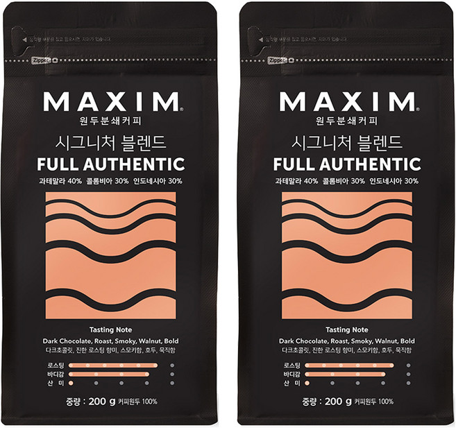 맥심 원두분쇄커피 시그니처 블렌드 풀 어센틱, 커피메이커, 200g, 2개