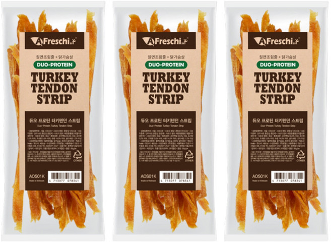 프레스키 강아지 듀오 프로틴 터키텐던 스트립 간식, 혼합맛(칠면조힘줄/닭고기), 85g, 3개