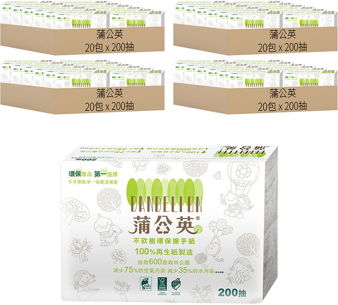 蒲公英 環保擦手紙, 200張, 80包