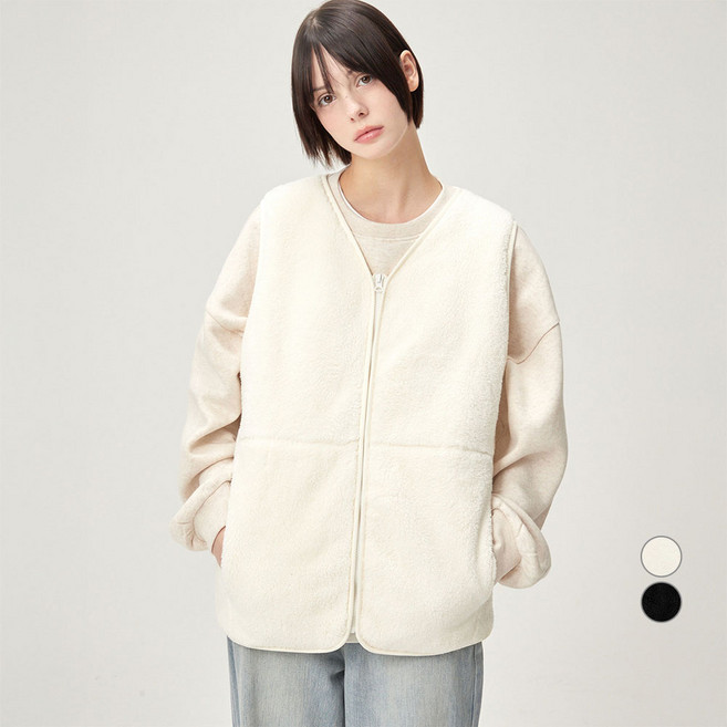 ELLEPARIS 여성용 웜업 덤블 플리스 뽀글이 집업 롱 베스트 자켓