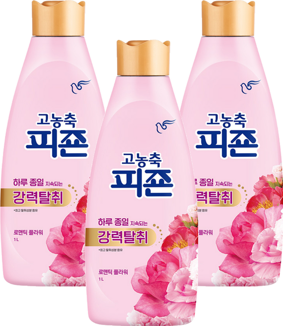 피죤 고농축 강력탈취 오리지널 섬유유연제 로맨틱 플라워향 본품, 1L, 3개