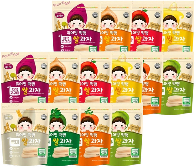 퓨어잇 떡뻥 쌀과자 8종 세트, 시금치, 당근, 사과, 바나나, 자색고구마, 양파, 양배추, 백미, 30g, 2세트