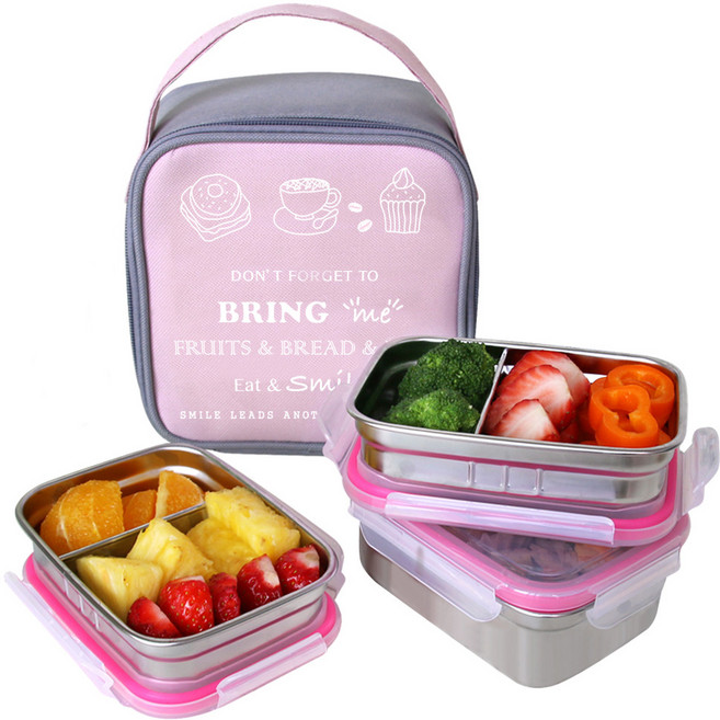 브링미 스텐 3단 도시락 세트 430ml 도시락 + 290ml 칸막이도시락 2p + 가방, 핑크, 1세트