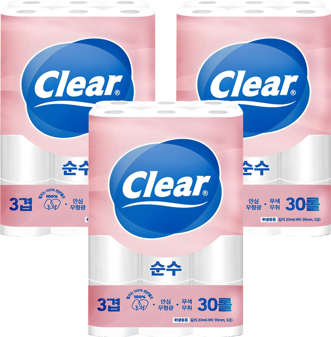 광진클리어 순수 천연펄프 3겹 고급롤화장지, 20m, 30개입, 3개