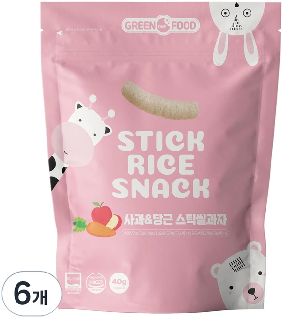 그린원푸드 유기농 스틱 쌀과자, 사과 + 당근, 40g, 6개 - 쿠팡
