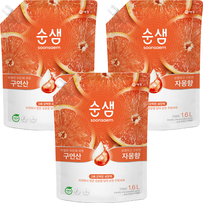 순샘 구연산 자몽 주방세제 리필, 1.6L, 3개
