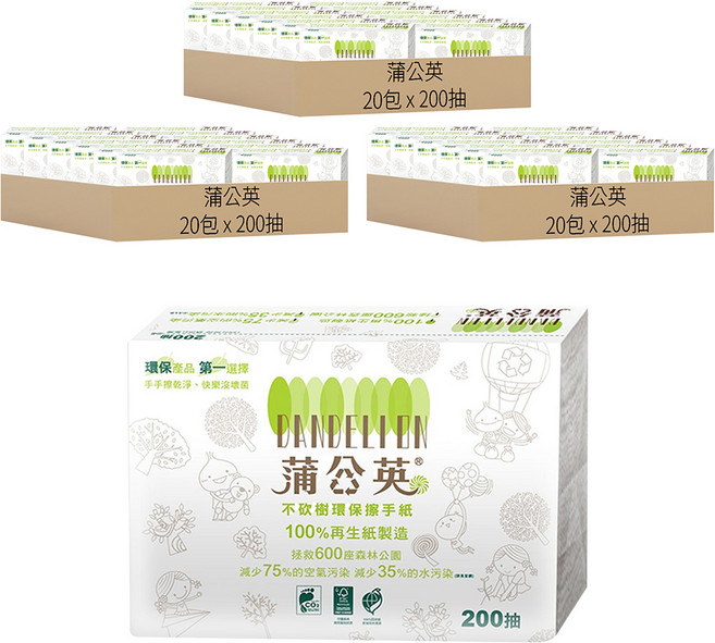 蒲公英 環保擦手紙, 200張, 60包