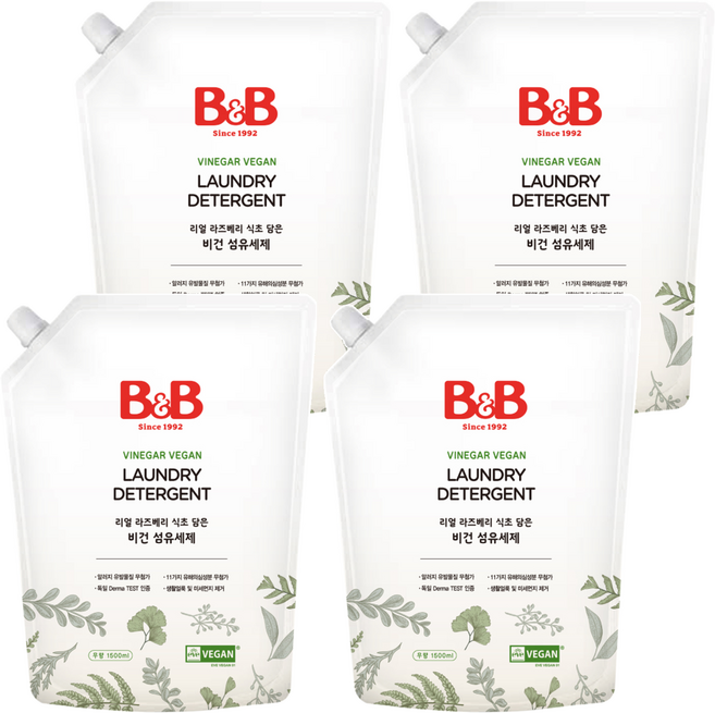 비앤비 리얼 라즈베리 식초 담은 비건 섬유세제 무향 리필, 1.5L, 4개