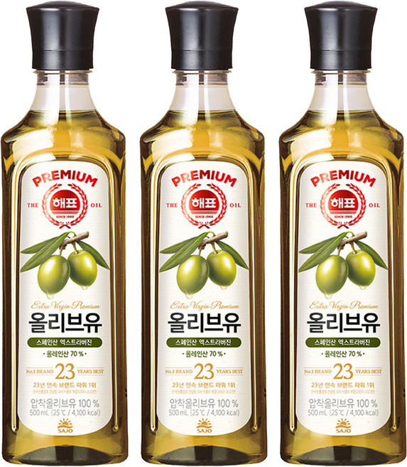 해표 압착 올리브유, 500ml, 3개