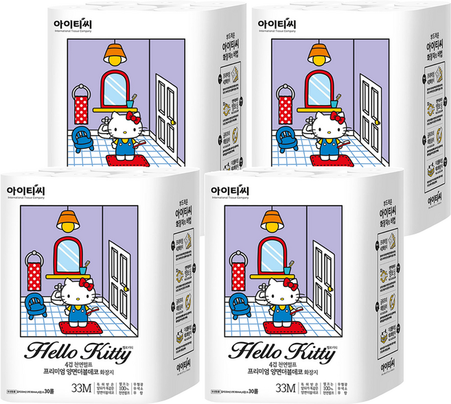 ITC 헬로키티 4겹 천연펄프 프리미엄 양면더블데코 고급롤화장지, 33m, 30개입, 4개
