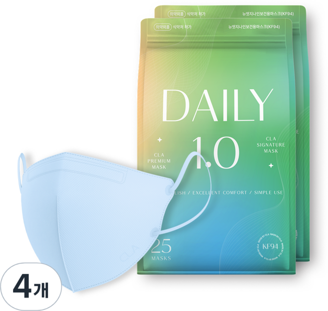 CLA 코리아 데일리 보건 컬러 새부리형 마스크 어린이용 KF94, 25개입, 4개, 시에라블루