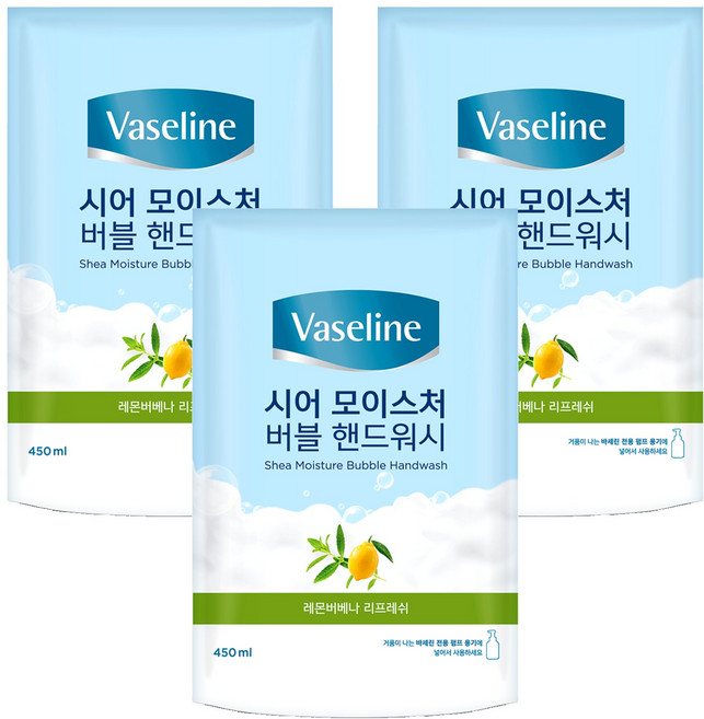 바세린 시어 모이스처 버블 핸드워시 레몬버베나향 리필, 450ml, 3개