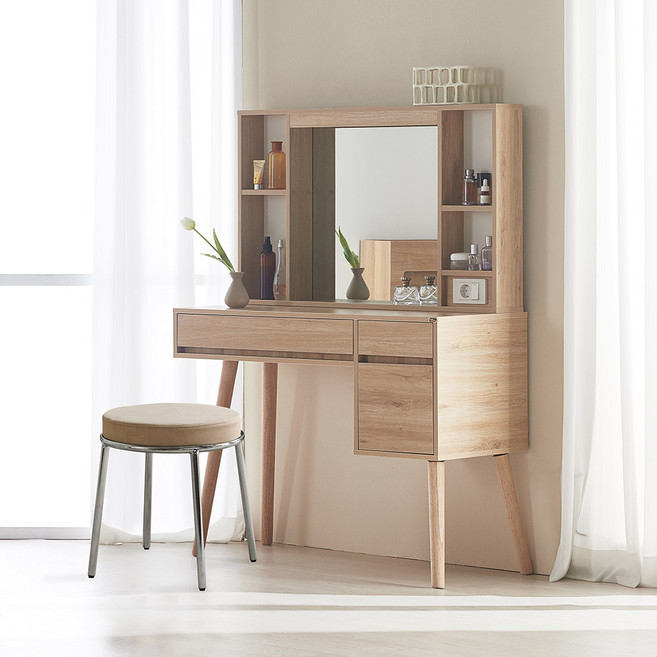 파로마 베시 LED 조명 화장대 + 딕슨 스툴 세트 방문설치, 오크(화장대), 베이지(스툴)