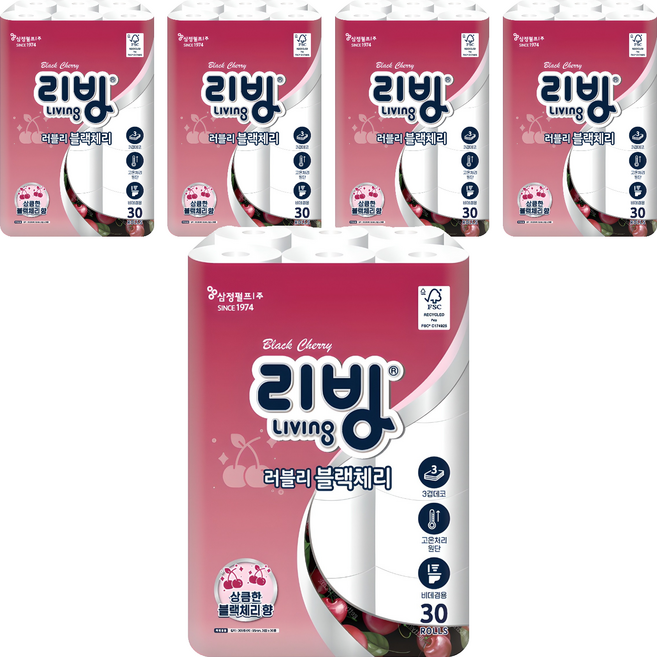 리빙티슈 3겹 러블리 블랙체리 고급롤화장지, 30m, 30롤, 5세트