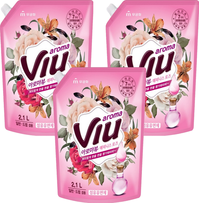 아로마뷰 섬유유연제 해피니스 로즈 리필, 2.1L, 3개