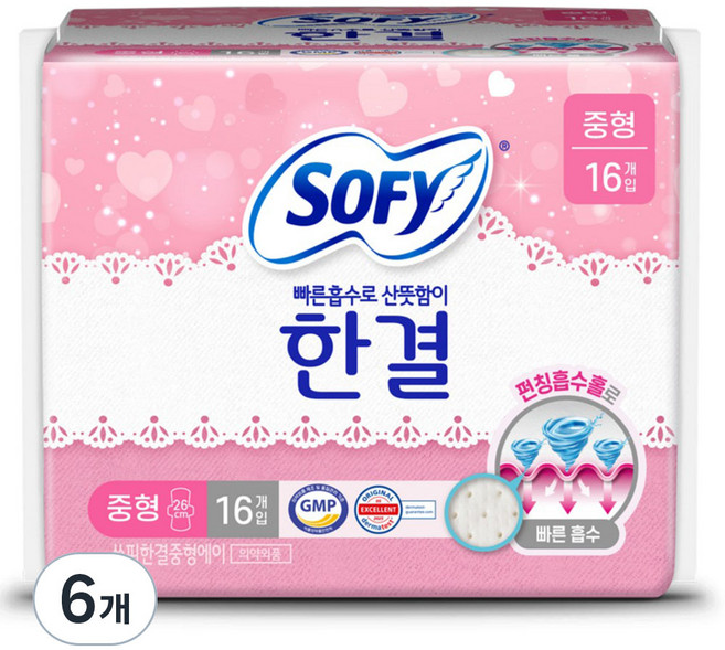 쏘피 한결 생리대 날개형, 중형, 16개입, 6개