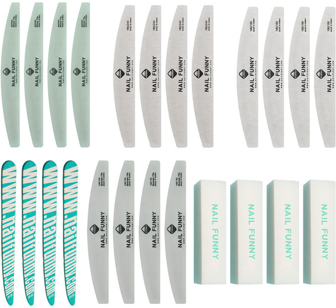 NAIL FUNNY 네일케어 우드파일 + 샌딩블럭 + 지브라파일 2종 + 샤이너 + 샌딩스펀지, 4세트, 혼합색상