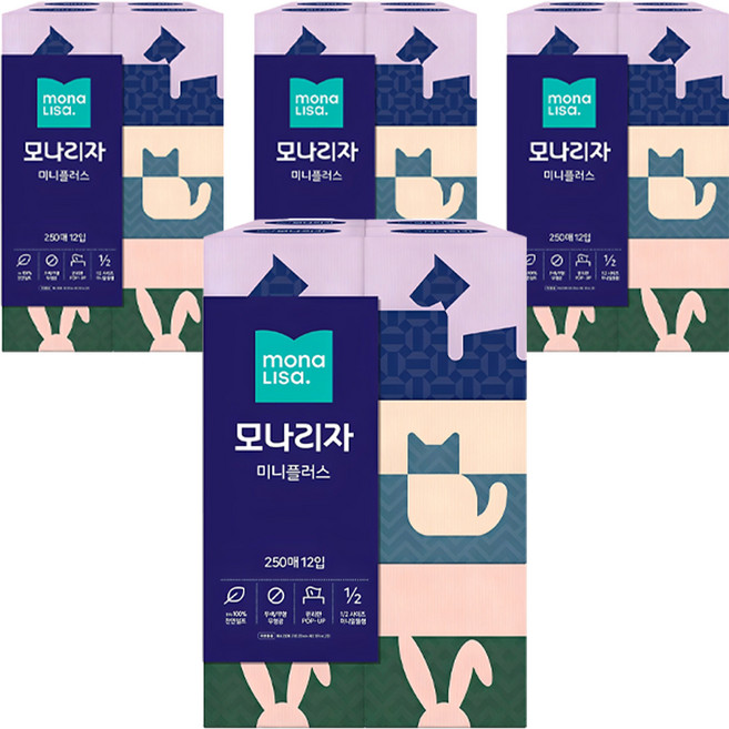 모나리자 미니플러스 천연펄프 각티슈 2겹, 250매, 48개