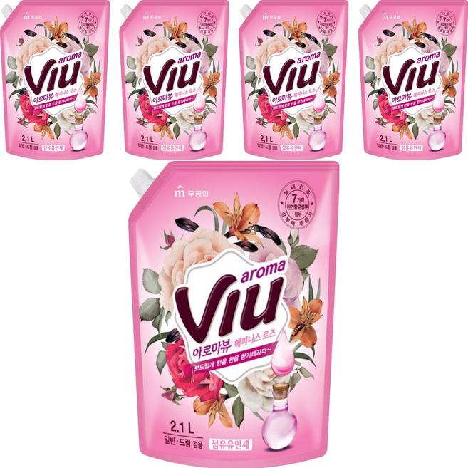 아로마뷰 섬유유연제 해피니스 로즈 리필, 2.1L, 5개