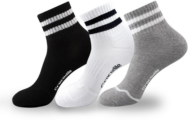 크로커다일 남성용 스포츠 쿠션 테니스 중목 양말 CD308, 그레이 + 블랙 + 화이트, 3개