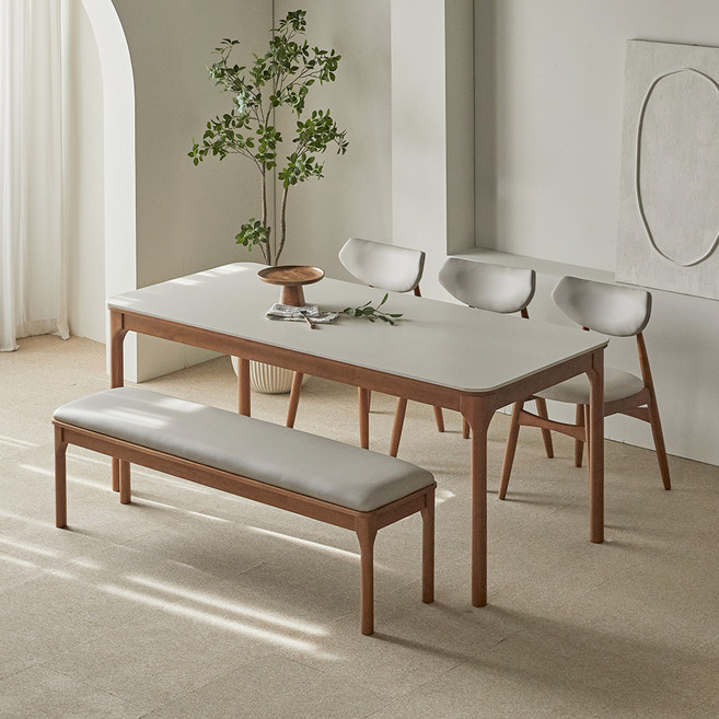 파로마 채튼 세라믹 원목식탁 1800 6인용 + B리샤르 의자3p + 채튼 벤치 세트 방문설치, 베이지상판 + 월넛원목, 일반 3 + 벤치 1