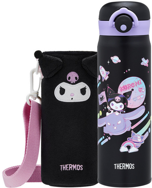THERMOS 膳魔師 輕巧變不銹鋼真空保溫瓶 附背帶 JNR-500FKU-BK 酷洛米 黑色 500ml, 1個