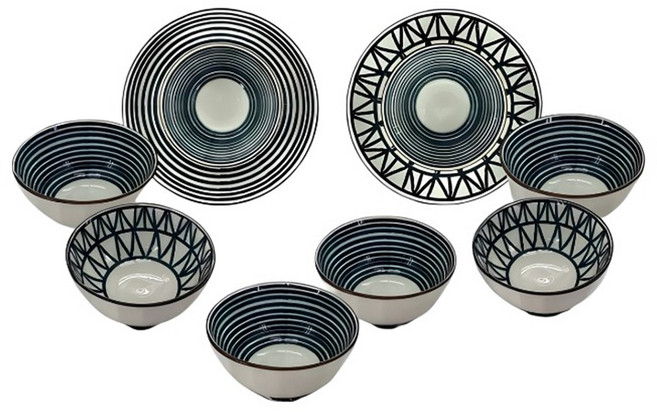 松村窯 手繪圖騰8件組, 白色, 碗 + 盤子, 1組