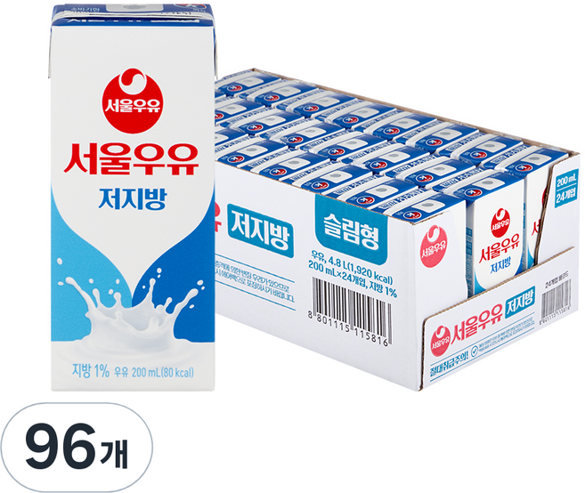 서울우유 저지방 멸균 우유, 200ml, 96개
