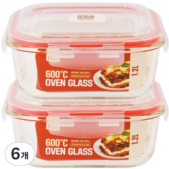 셰프웨어 600℃ 오븐글라스 밀폐용기 정사각 1.2L, 6개, 용기 1.2L 2p