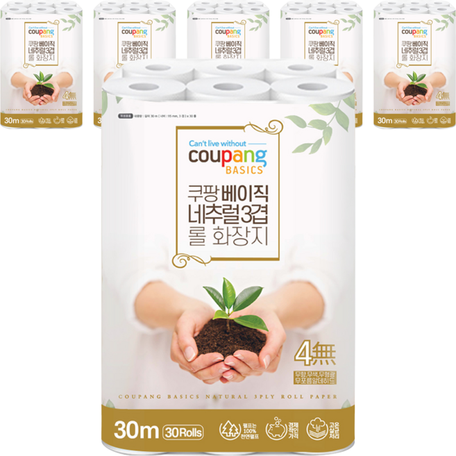 쿠팡베이직 네추럴 3겹 천연펄프 롤화장지 30m, 30개입, 6개
