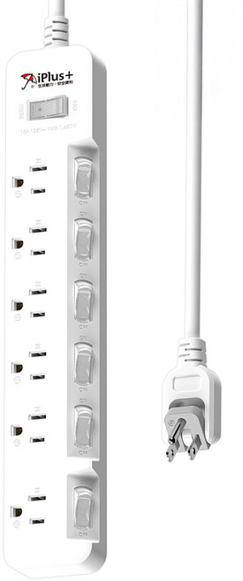 iPlus 保護傘 安全延長線7切6座3P PU-3766, 1組, 純白色, 1.8m