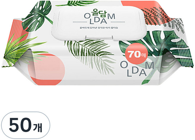 [비건라이프] 올담 몬스테라 아기 물티슈 캡형, 60g, 70매, 50개