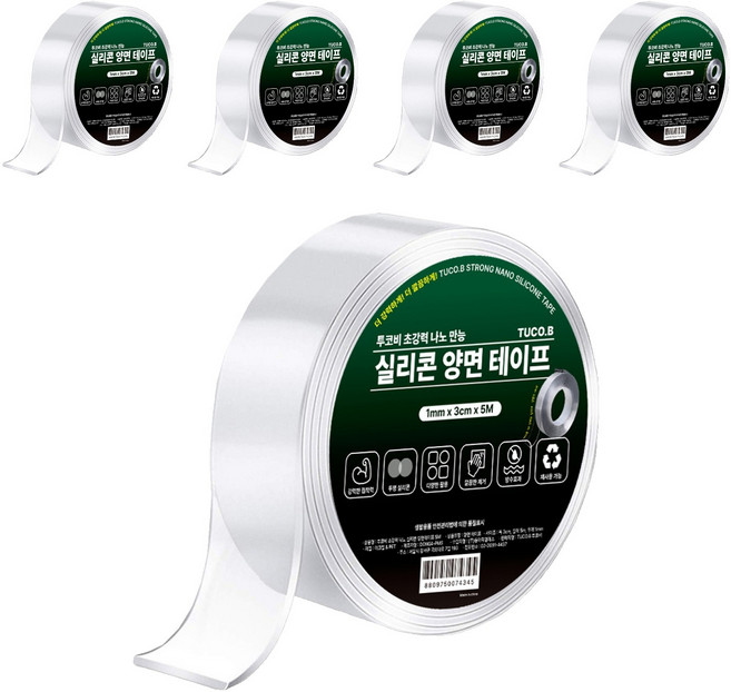 TUCO.B 超強力奈米萬能矽膠雙面膠帶 3cm x 5m x 1mm, 透明, 5個