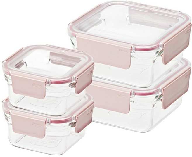Glasslock 格拉氏洛克 強化玻璃微波保鮮盒 櫻花粉晶透款 440ml 2個 + 1130ml 2個, 4個容器 + 4個蓋子, 1組