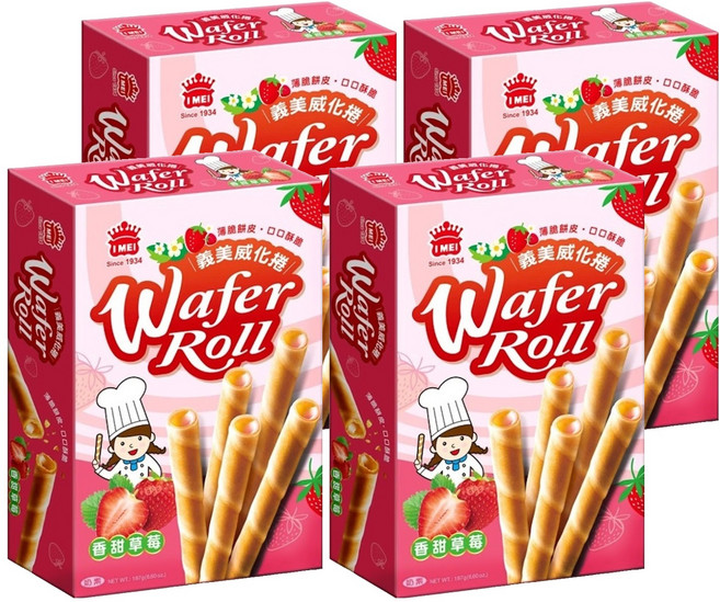 義美 威化捲 量販盒 香甜草莓, 187g, 4盒