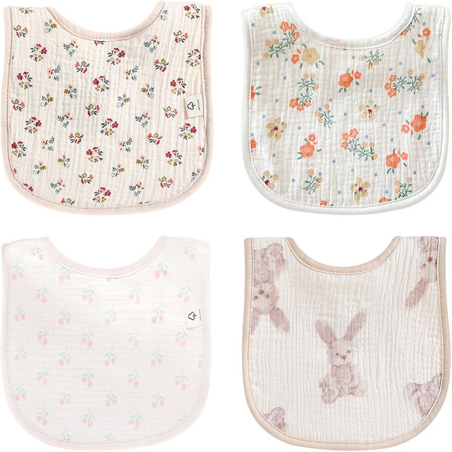 Luxury Baby 6層楊柳紗圍兜 基本款C套組, 4件, 1組, 兔子 + 鬱金香 + 碎花 + 花束