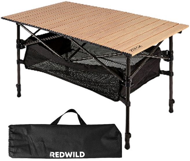 메이튼 레드와일드 높이조절 캠핑 경량 롤 테이블 + 수납 매쉬망 + 보관 파우치 세트, 우드
