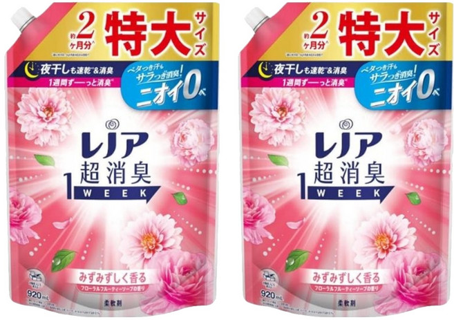 Lenor 蘭諾 日本原裝進口 1 WEEK 一週間衣物消臭室內曬乾柔軟精 玫瑰花香 補充包, 920ml, 2包