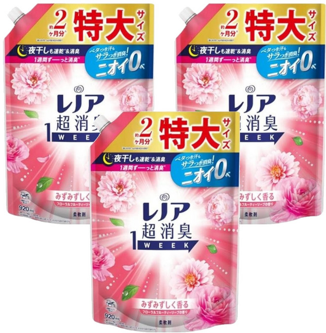 Lenor 蘭諾 日本原裝進口 1 WEEK 一週間衣物消臭室內曬乾柔軟精 玫瑰花香 補充包, 920ml, 3包