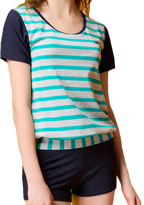 Summer love 夏之戀 大女長版二件式泳裝, 藍色 + 綠色 + 灰色