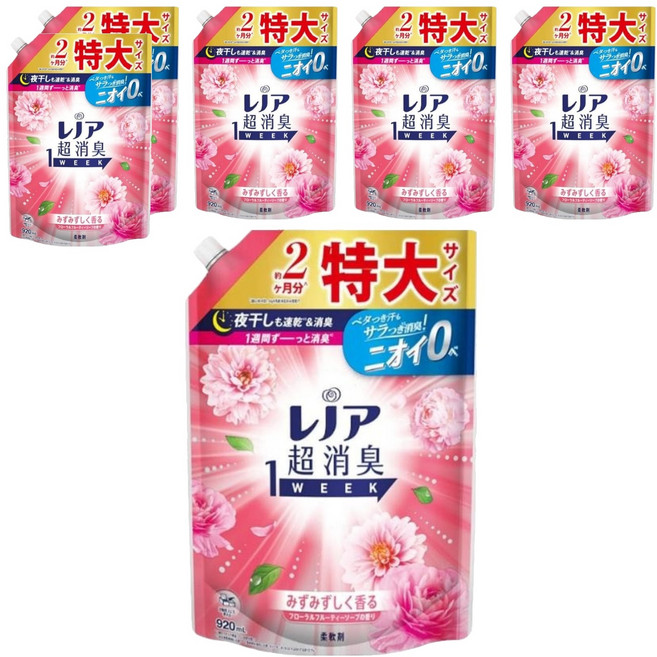 Lenor 蘭諾 日本原裝進口 1 WEEK 一週間衣物消臭室內曬乾柔軟精 玫瑰花香 補充包, 920ml, 6包