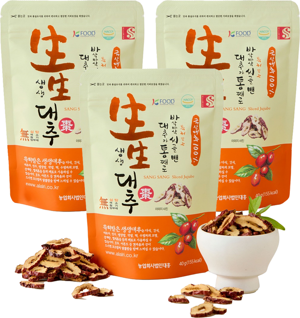생생대추 국산 대추칩 슬라이스, 3개, 40g