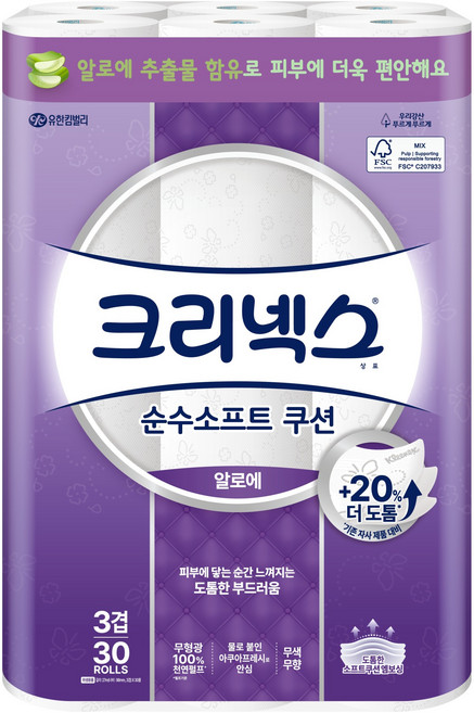 크리넥스 순수소프트 쿠션 알로에 화장지, 27m, 30개입, 1개