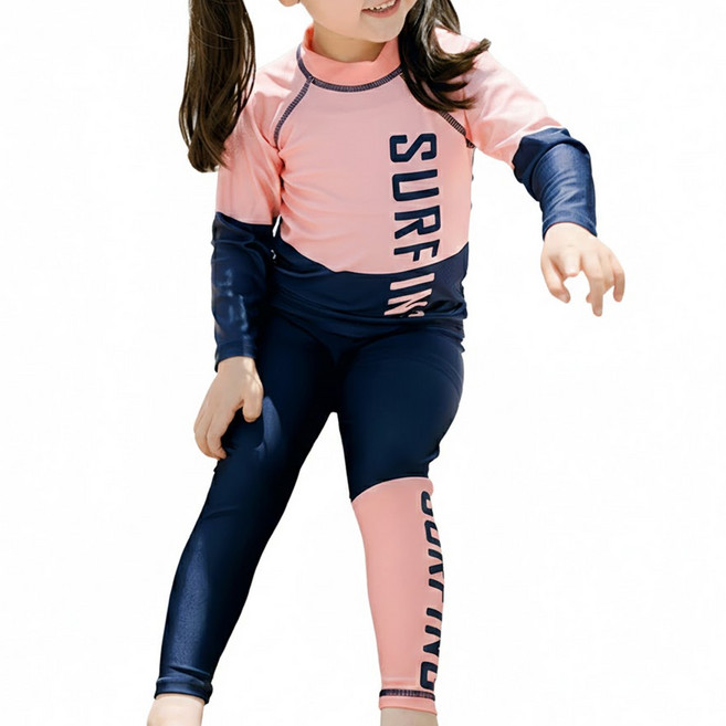兄妹長袖防曬泳衣+泳褲(無泳帽), 深藍 + 亮粉
