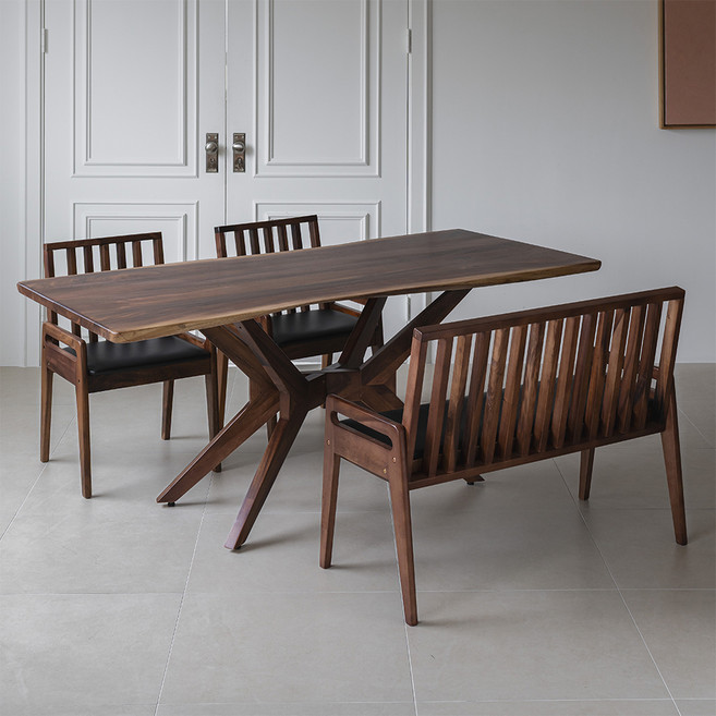 헤즈로 레스토 우드슬랩 원목 1400 X다리 식탁 + 접이식의자 2P + 접이식벤치 세트 방문설치, 월넛, 일반 2 + 벤치 1