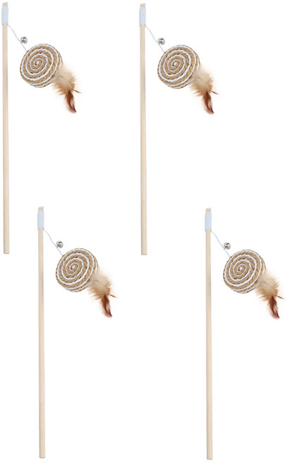 原木逗貓棒 棒棒糖6cm 木竿40cm 繩子75cm, 編織棒棒糖 原木色, 4支